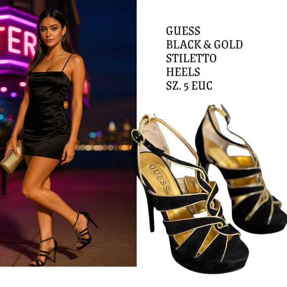 GUESS BLACK/GOLD STILETTO PARTY STRAPPY HEELS SIZE‎ 5 EUC - Picture 1 of 5